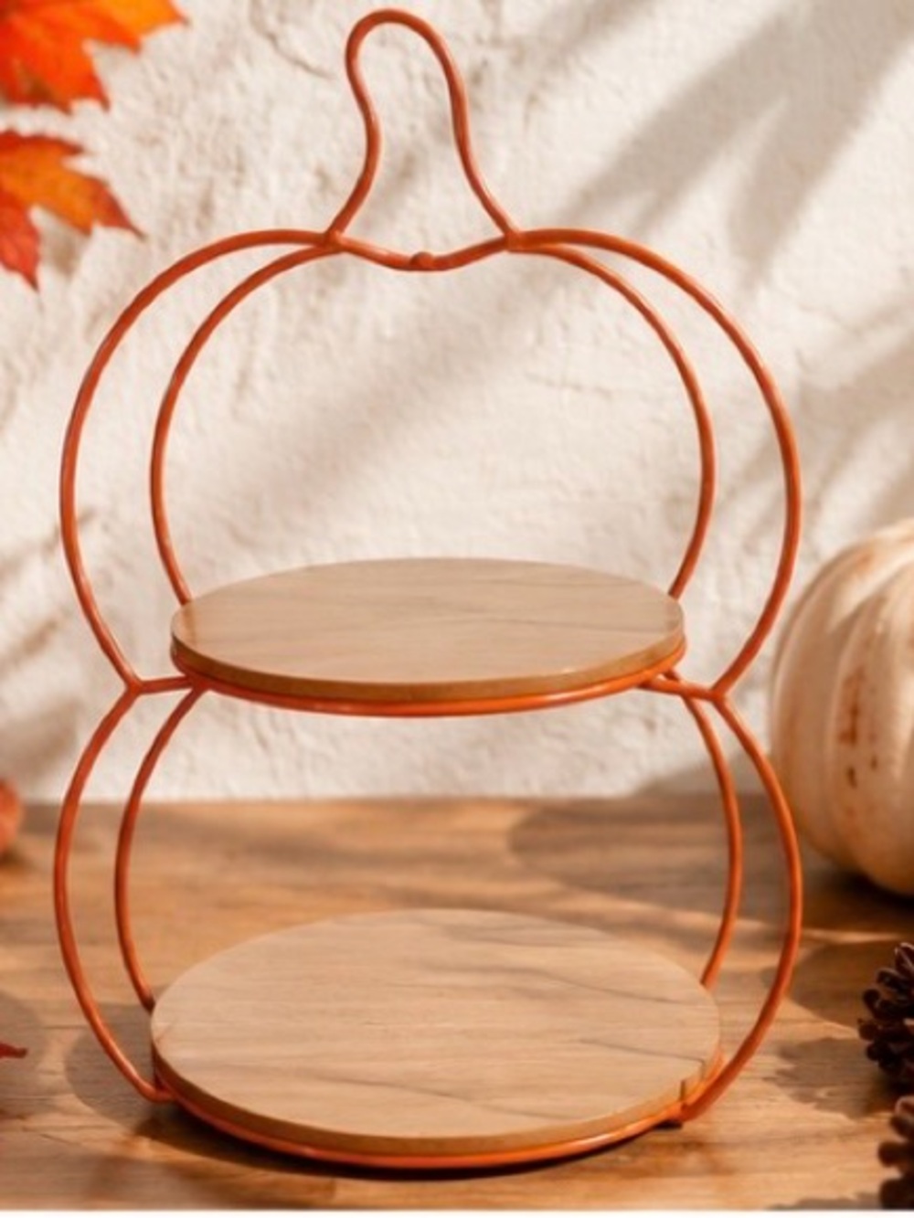 Pumpkin Two-Tier Serving Stand in Orange and Wood, Two-Tier Pumpkin Tray